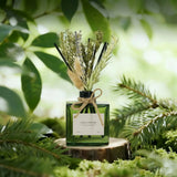 SAUSSAVITA green glass aroma diffuser with juniper & lavender herbs, twine bow, natural setting